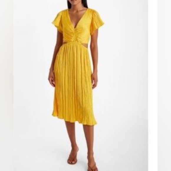 Express Satin V-Neck Flutter Sleeve Pleated Cutout Midi Dress Size S - Picture 13 of 13